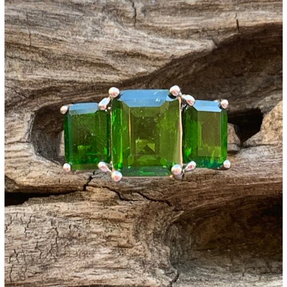Emerald Cut Three Stone Chrome Diopside Sterling Silver Ring, Size 6.75 - Picture 1 of 6